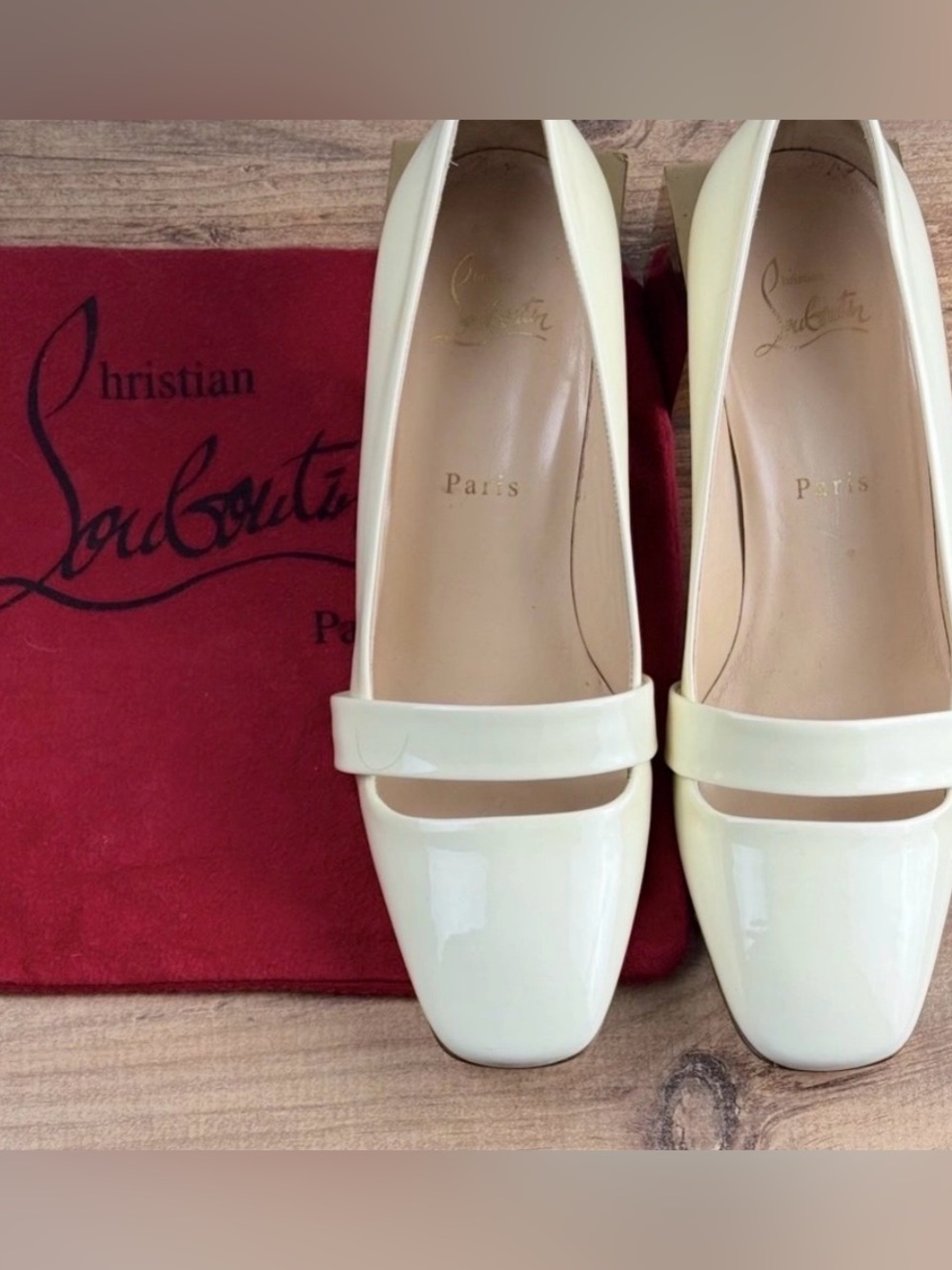 Christian Louboutin Cream Patent Mary Jane Block Heel Pumps Size 38 - Picture 9 of 9